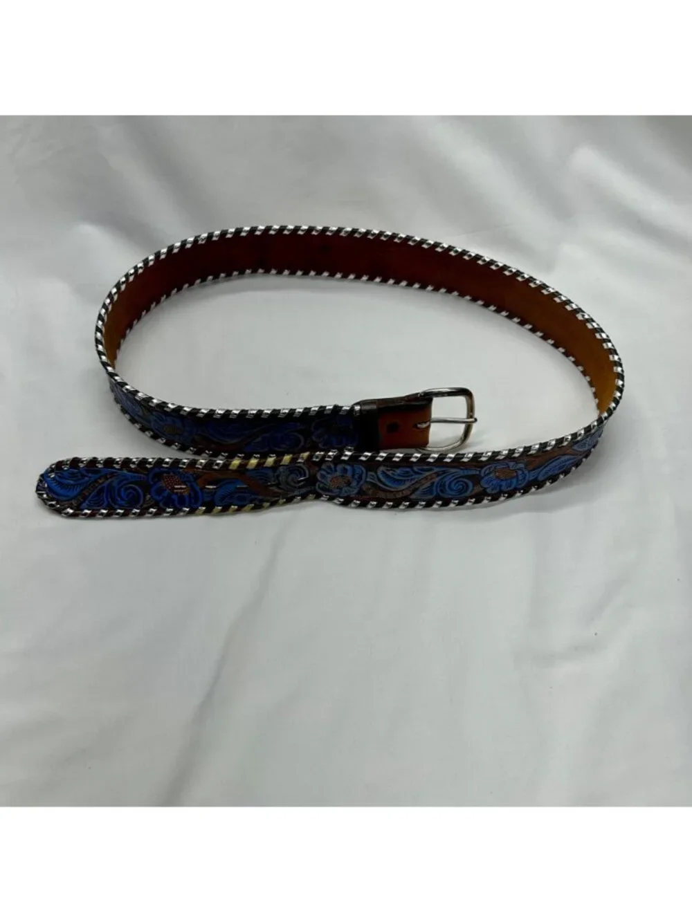 TONY LAMA VNT Leather Belt Blue Floral Tooling Silver Toned Lacing M 40